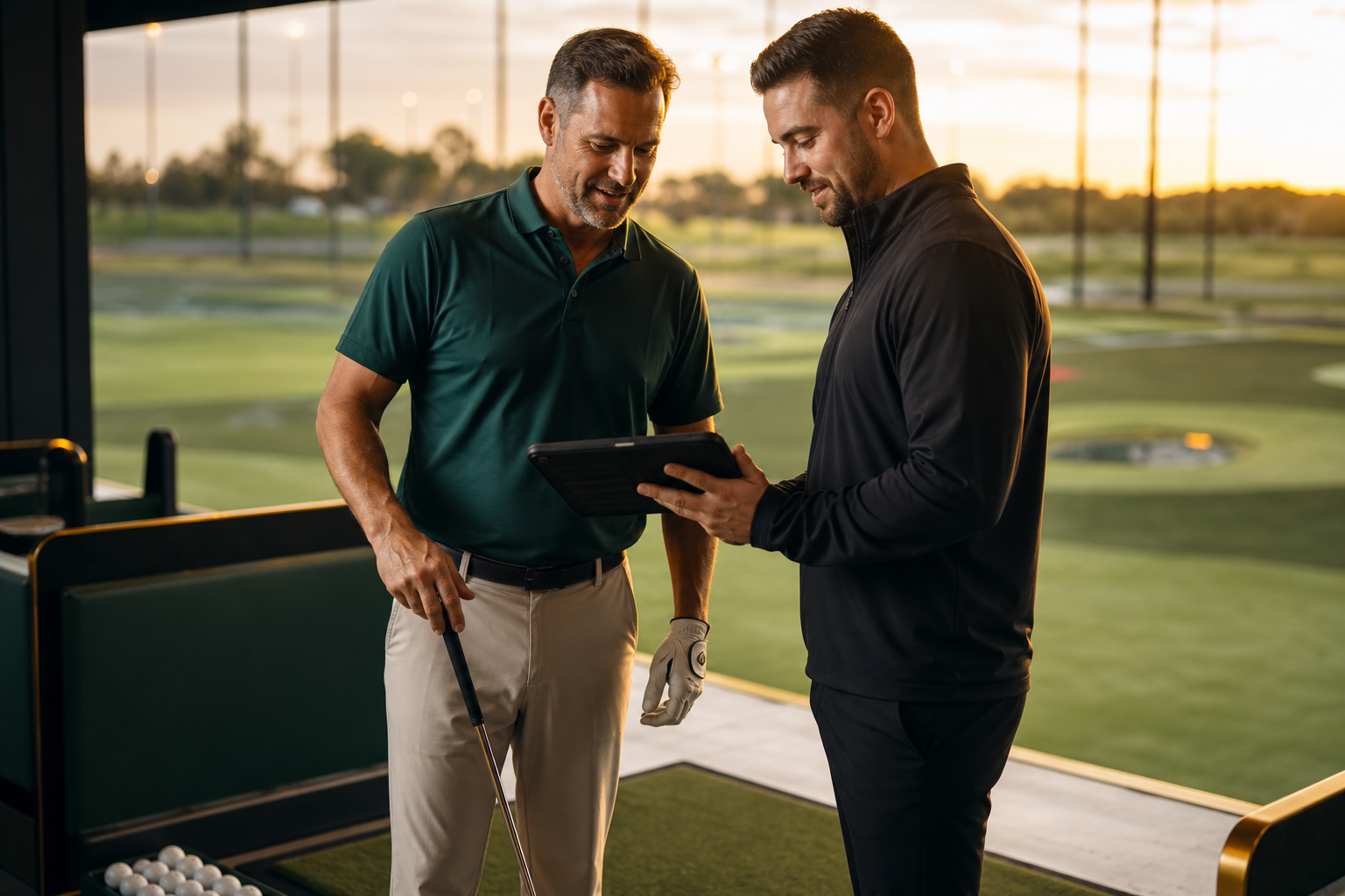 Golf fitness coach reviewing performance numbers at a driving bay